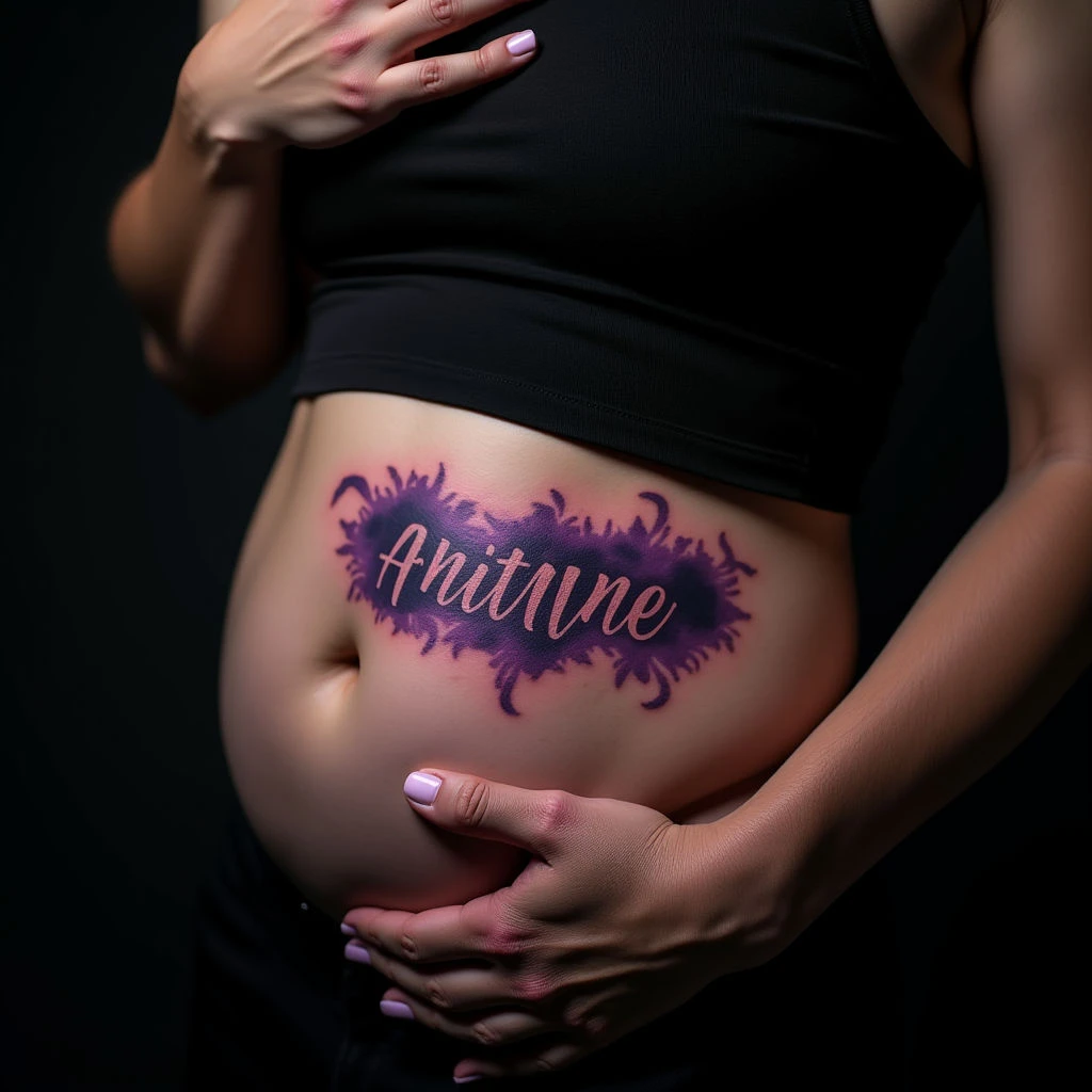 Violet Abstract Child Name Tattoos for Dads - Stomach Placement