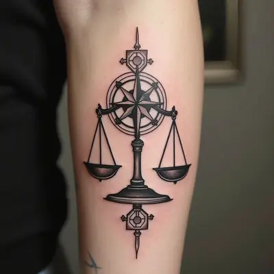 Geometric Scales & Compass Flash Tattoo Design