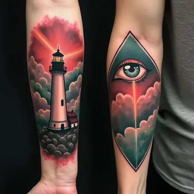 American Traditional Lighthouse and Heart Eye Tattoos