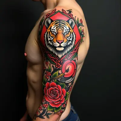 American Traditional Sleeve Tattoo: Tiger, Bird, and Floral Motifs