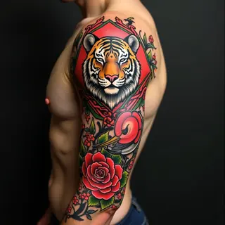 American Traditional Sleeve Tattoo: Tiger, Bird, and Floral Motifs