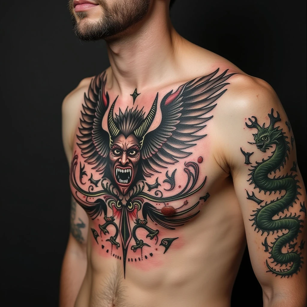 American Traditional Chest Piece: Demon and Mythical Creatures