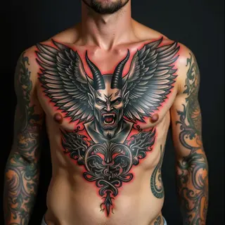 Intricate American Traditional Chest Piece: Demon, Eagle & Dragon