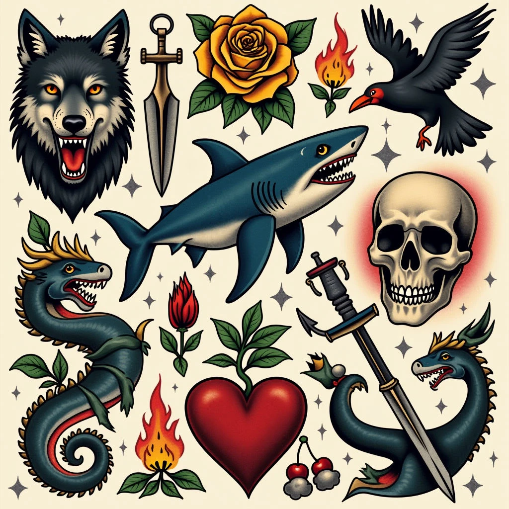 Classic American Traditional Flash Sheet Tattoo Design