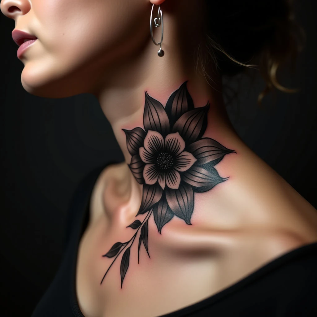 Elegant Gothic Flower Neck Tattoos for Ladies