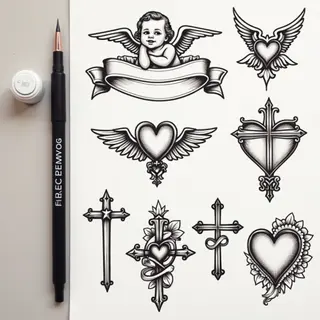 Flash Sheet: Angelic Cross & Heart Tattoo Designs