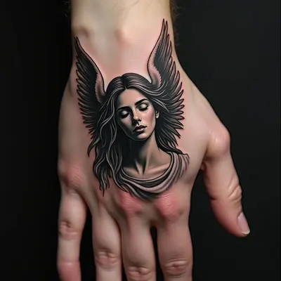 Detailed Angel Hand Tattoo on Palm