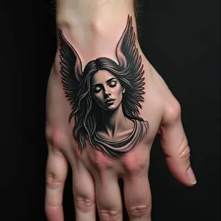 Detailed Angel Hand Tattoo on Palm