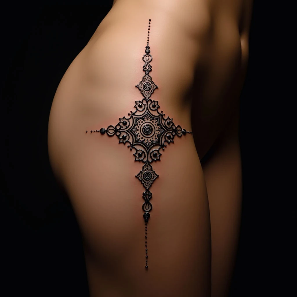 Simple Mehndi Dotwork Tattoos: Elegant Arabic Calligraphy on Your Thigh