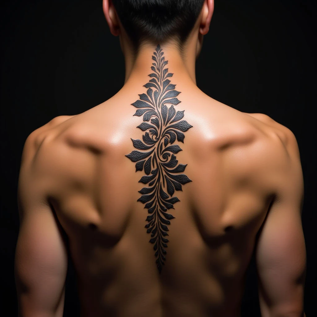 Violet Ornamental Henna Calligraphy Spine Tattoos