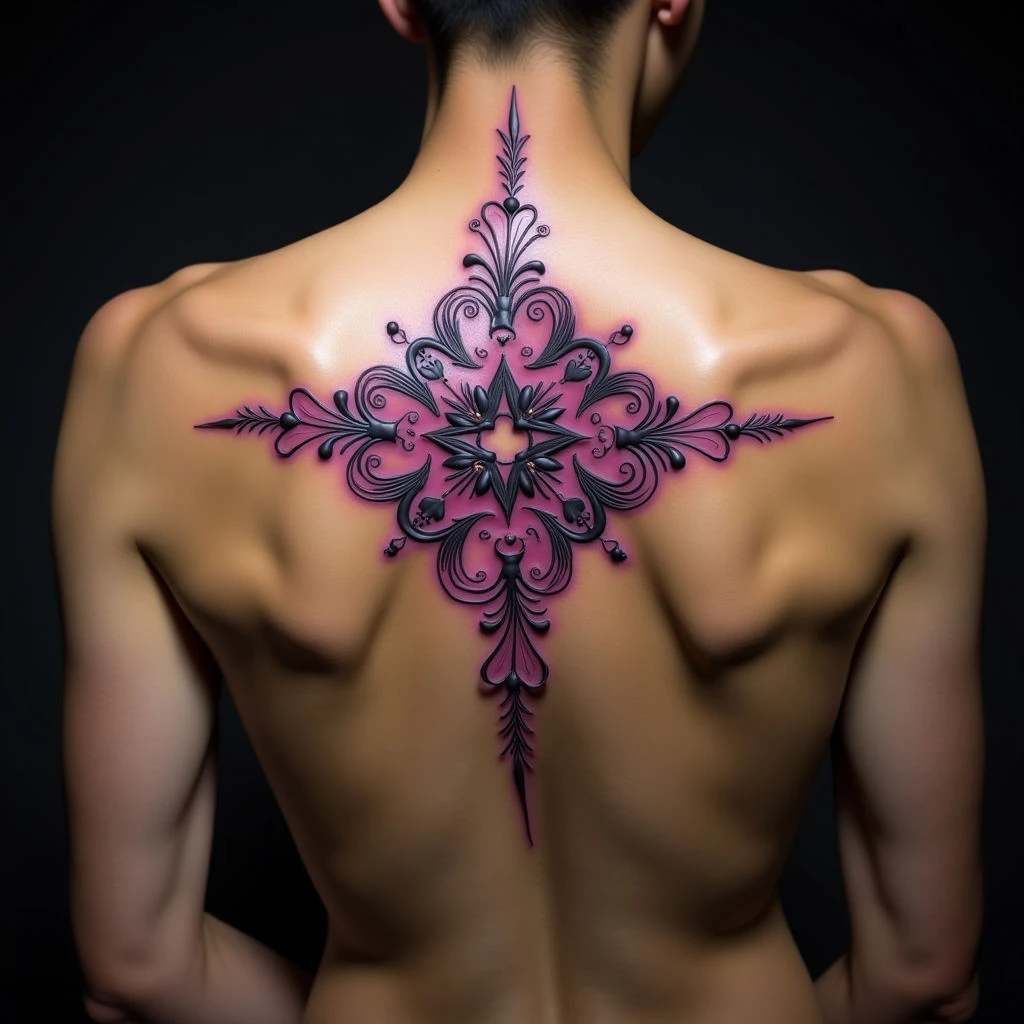 Violet Trash Polka Arabic Calligraphy Back Tattoo Ideas