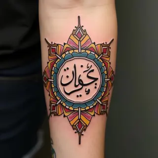 Intricate Arabic Script and Geometric Design Tattoo