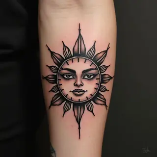 Tribal Sun Face Arm Tattoo Design Stencil