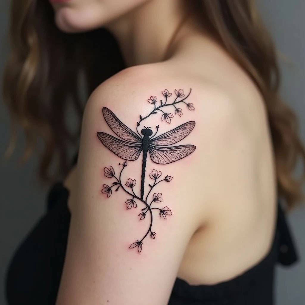 Delicate Dragonfly and Floral Arm Tattoo