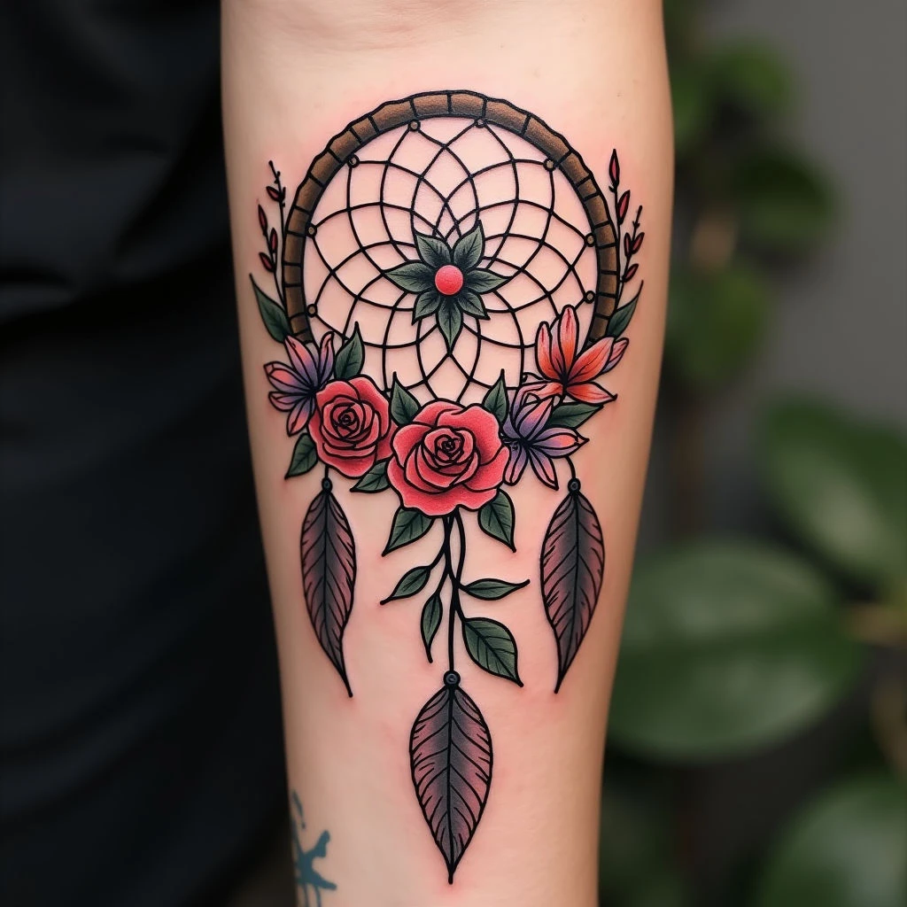 Floral Dreamcatcher Arm Tattoo Design