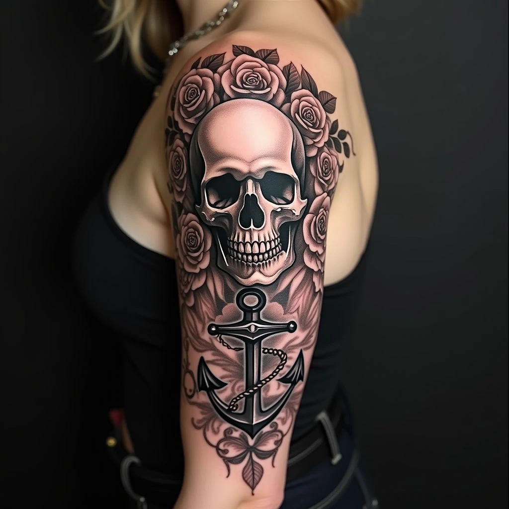 Neo-Traditional Skull and Roses Arm Tattoo
