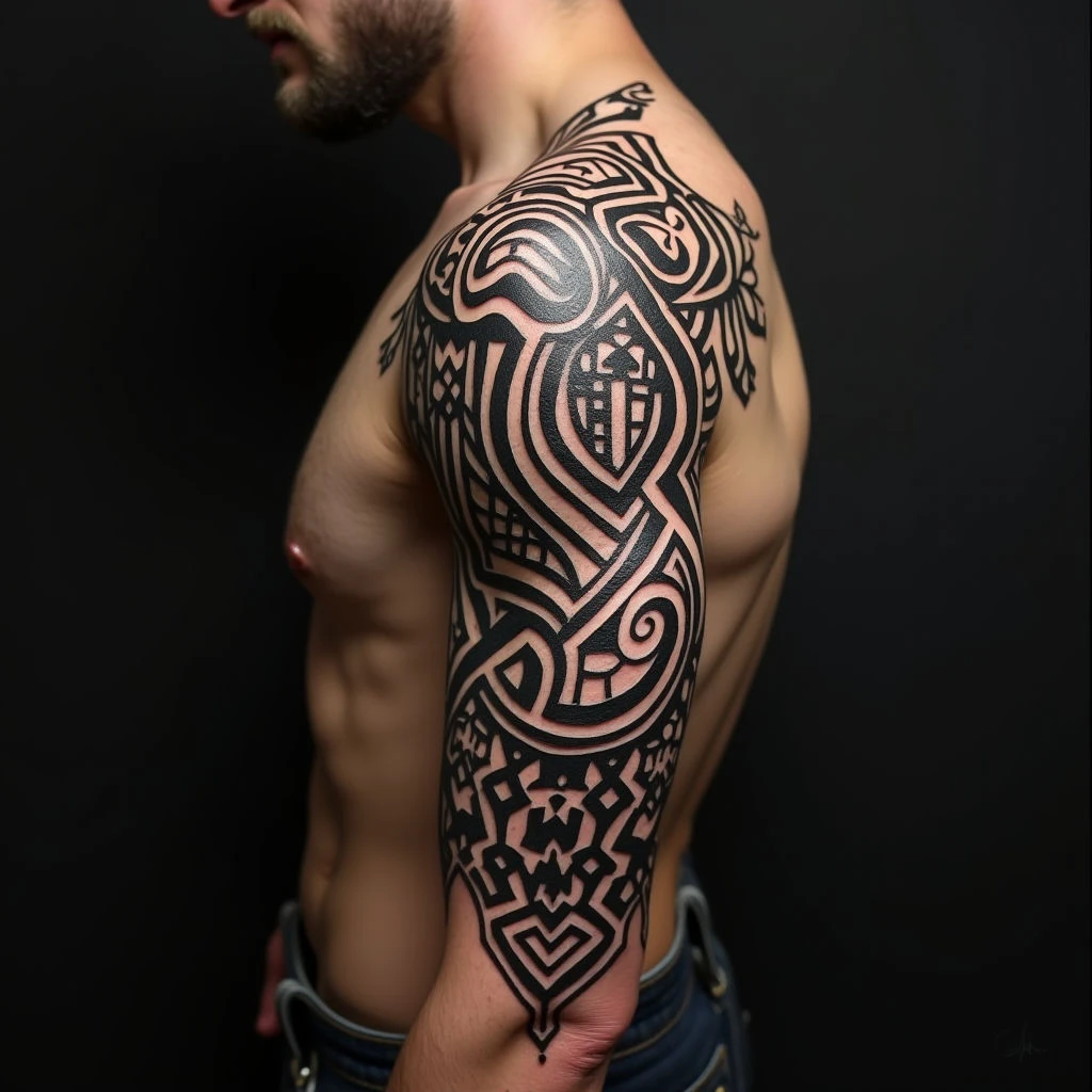Intricate Tribal Arm Sleeve Tattoo Design
