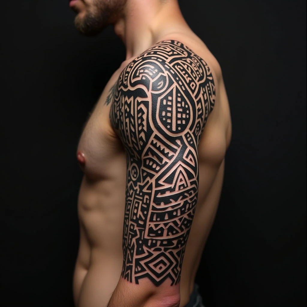 Intricate Tribal Geometric Arm Tattoo Design