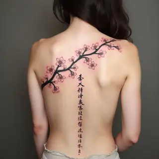 Elegant Japanese Cherry Blossom and Calligraphy Back Tattoo