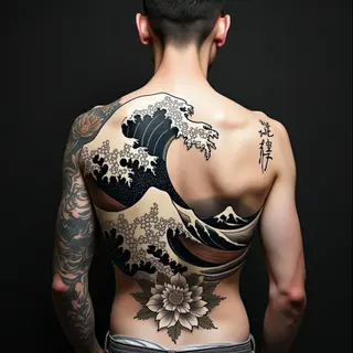 Majestic Japanese Back Tattoo: Waves and Koi