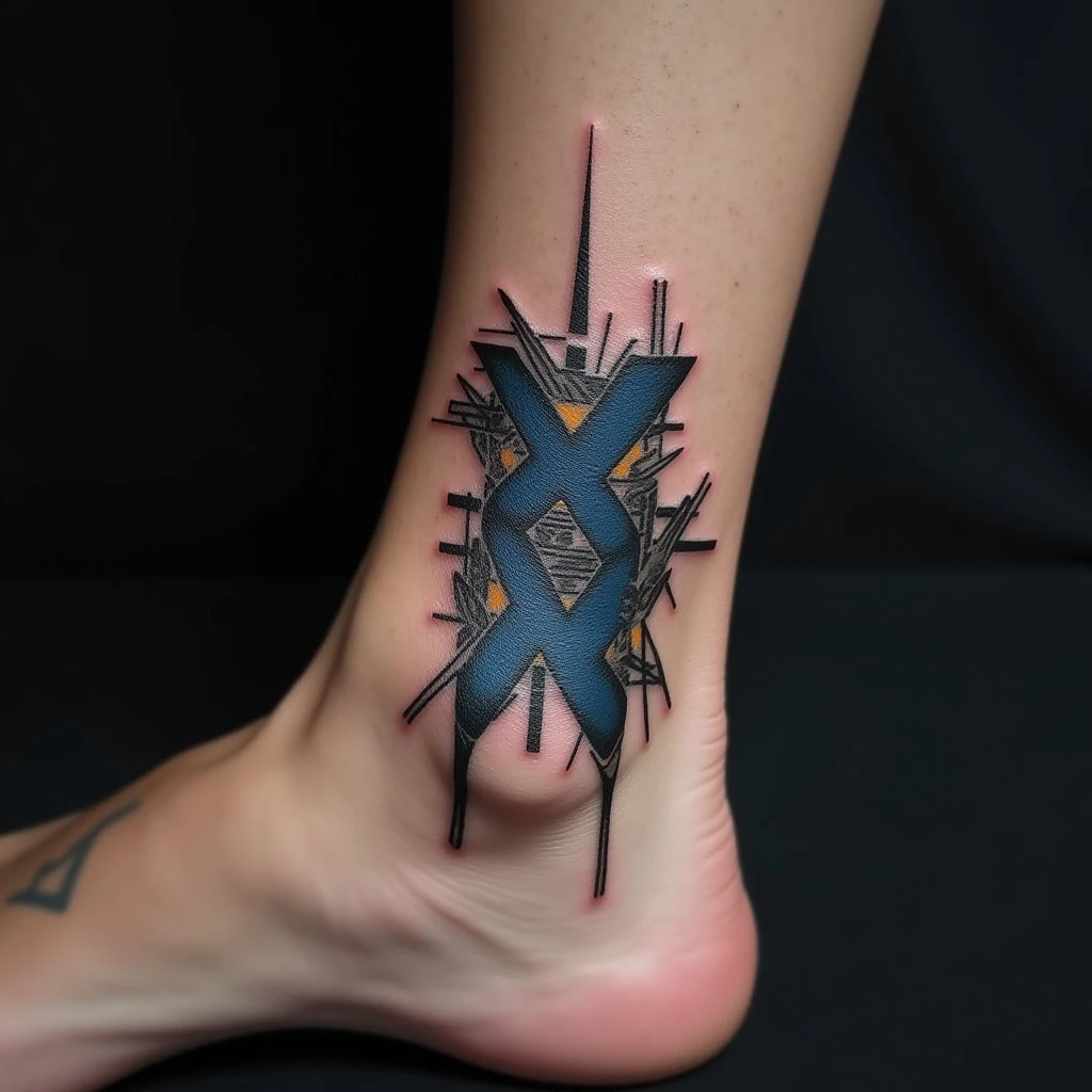 Intricate Biomechanical Ankle Lettering Tattoos in Blue & Black