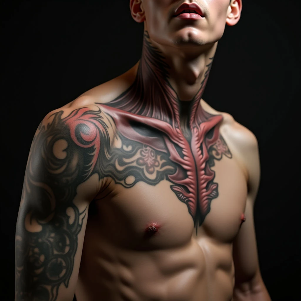 Cool Biomechanical Collarbone Tattoos in Pastel Colors