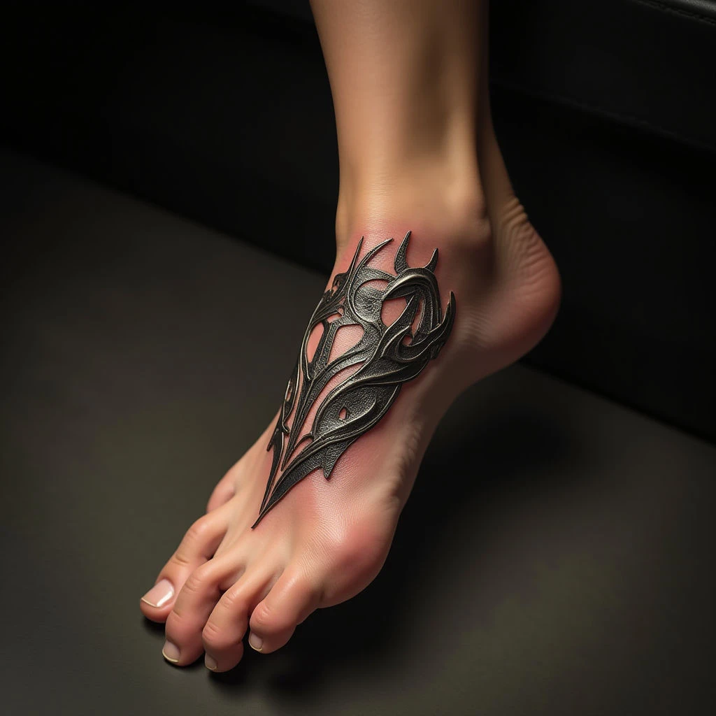 Tiny Biomechanical Foot Tattoo for Boys: A Father-Son Symbol