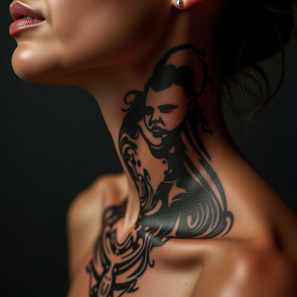 Powerful Mother & Kids Biomechanical Neck Tattoos