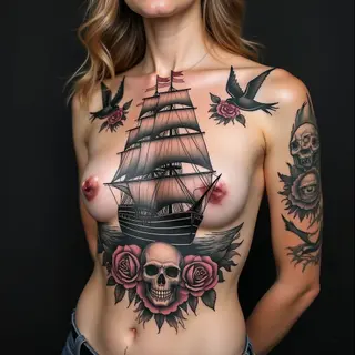 Detailed American Traditional Ship Tattoo Design