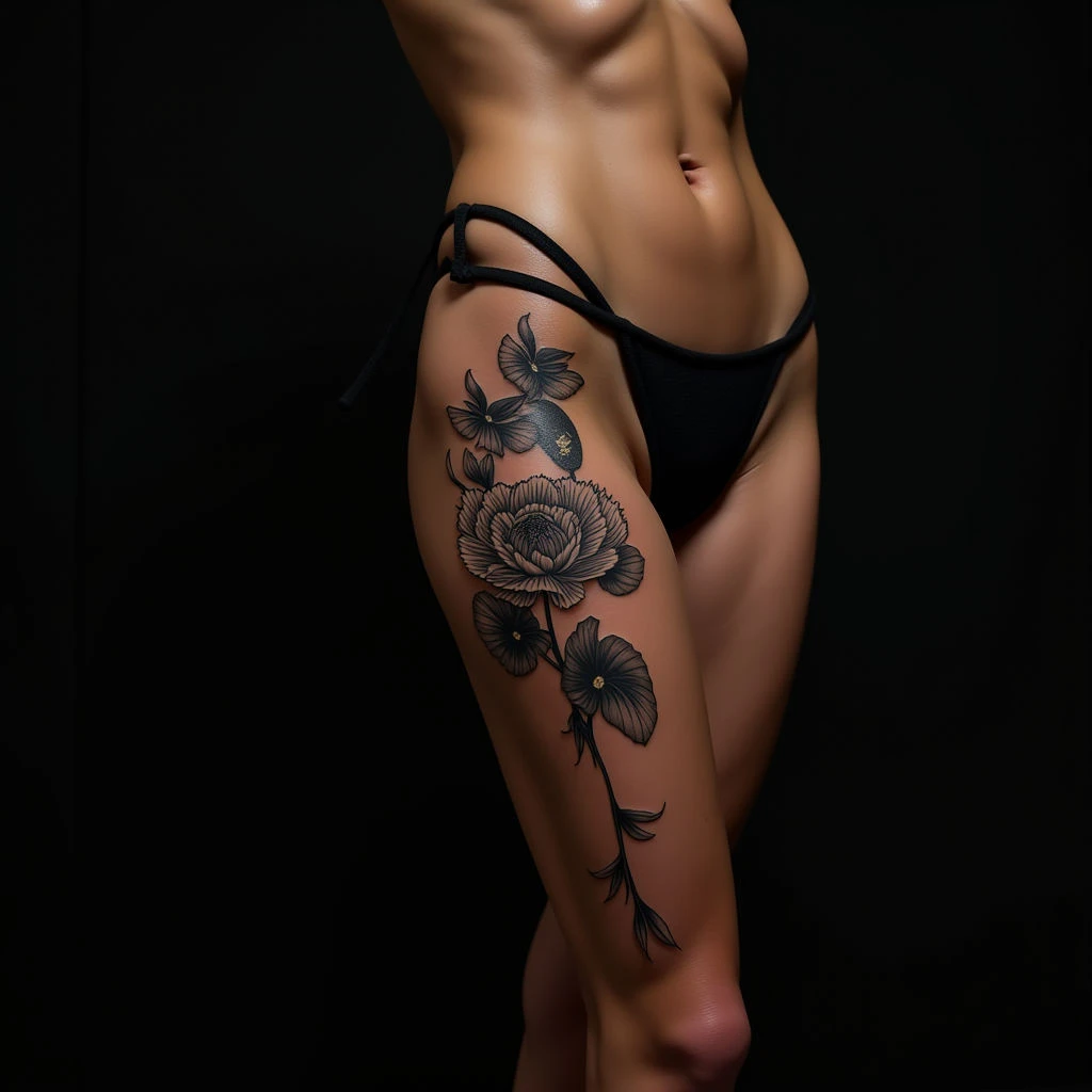 Small New School Thigh Tattoos: Black & Gold Designs