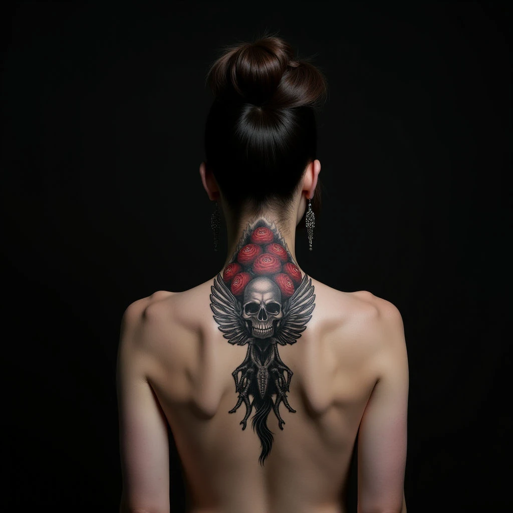Surreal Neck Tattoos for Women: Bold Black & Red Designs