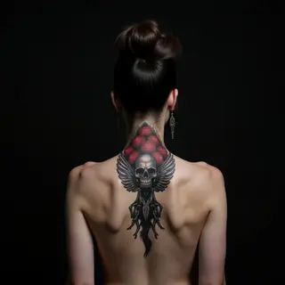 Surreal Neck Tattoos for Women: Bold Black & Red Designs