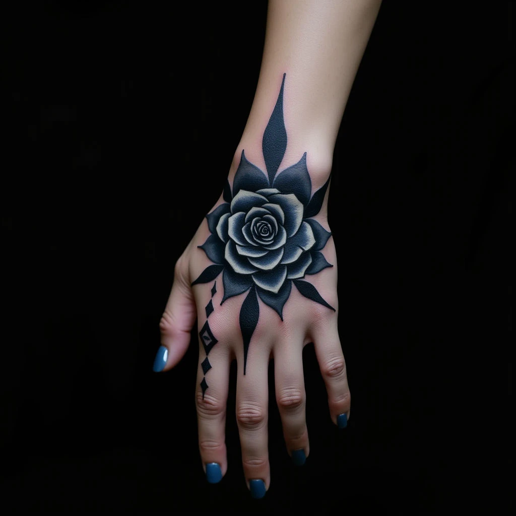 Tiny Surreal Hand Tattoos for Women: Blue & Black Ink Ideas