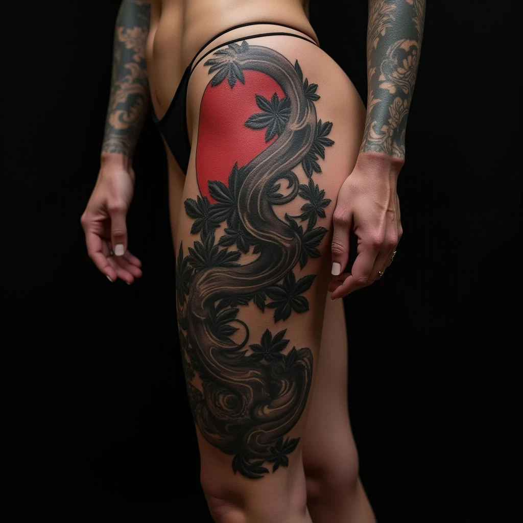 Japanese Thigh Tattoo for the Driven Individual
