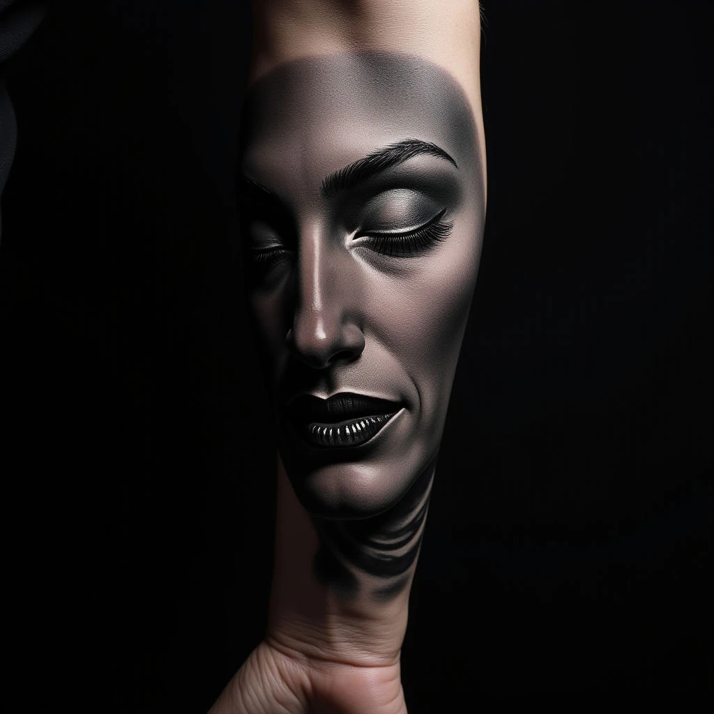 Surreal Face Arm Tattoos for Men - Black & Grey Inspiration