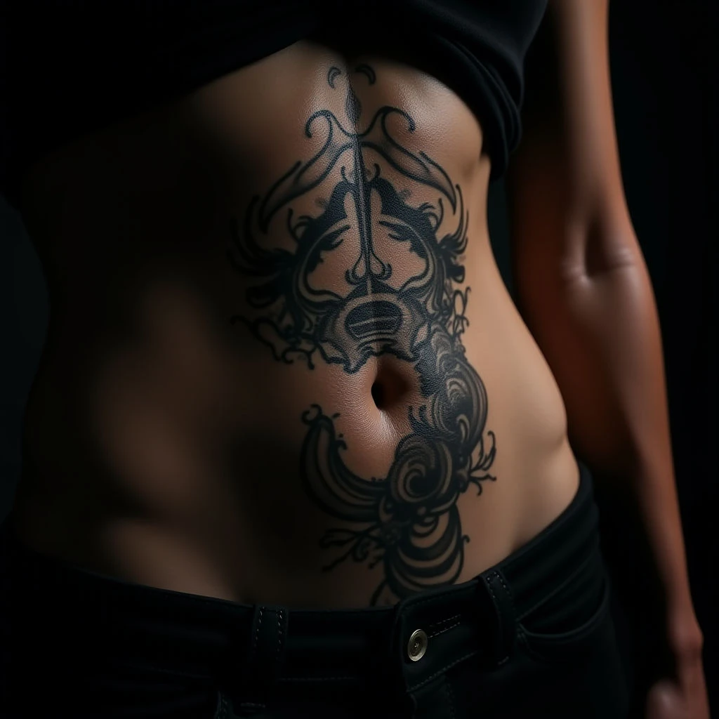 Surreal Blue-Black Stomach Tattoos: Cool & Easy Designs