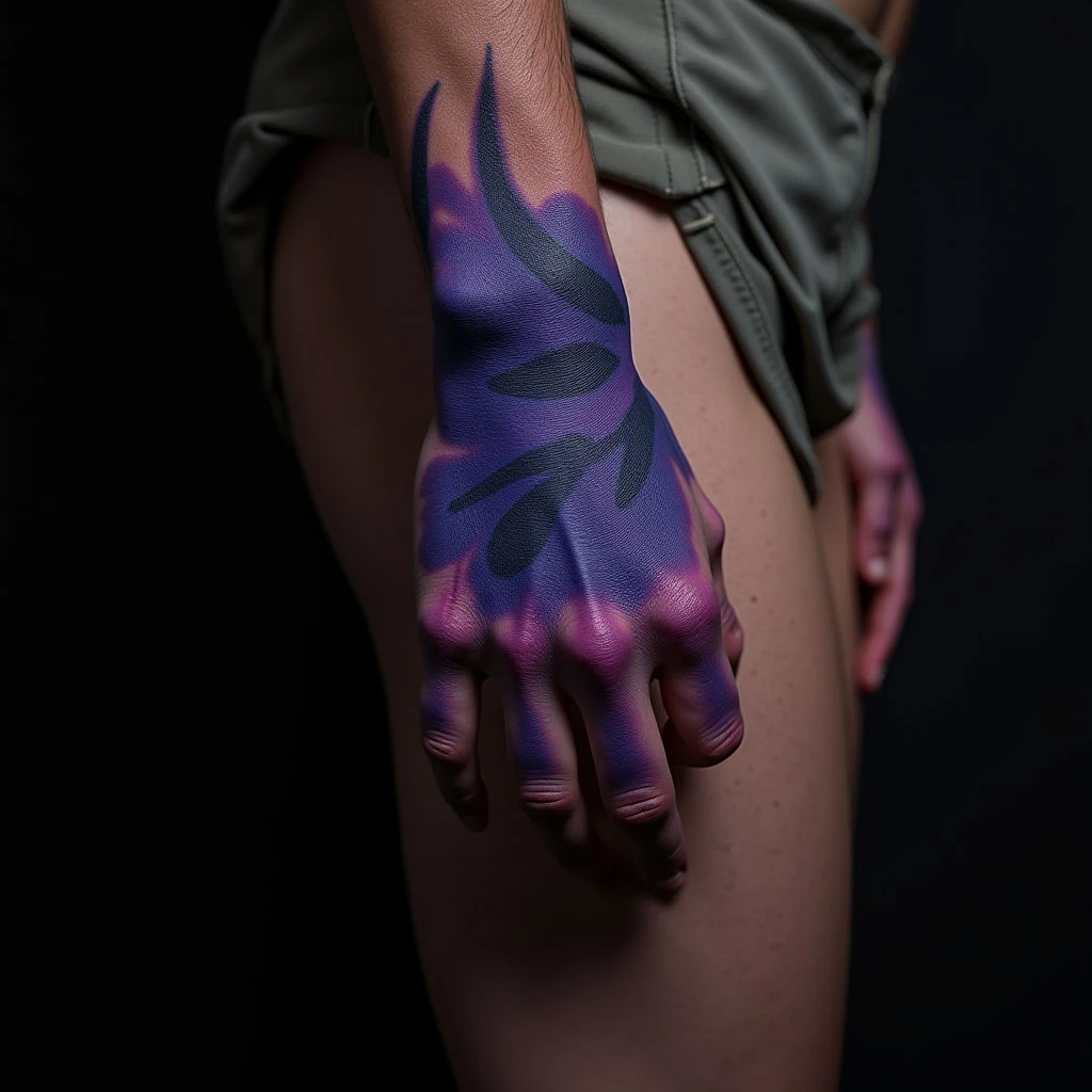 Surreal Thigh Tattoos for Men: Blue & Purple Ink Inspiration