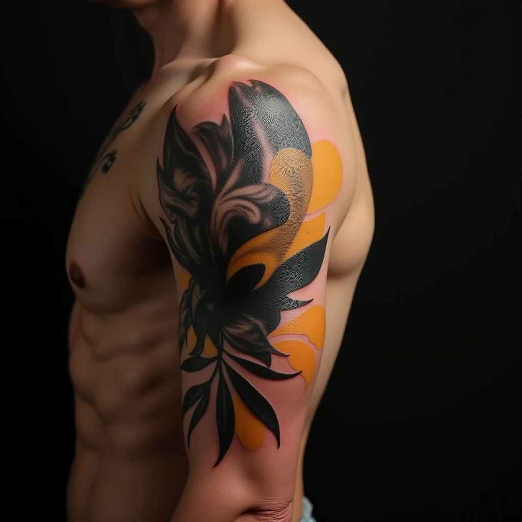 Abstract Yellow Ribcage Tattoos: A Bold Half Sleeve Idea