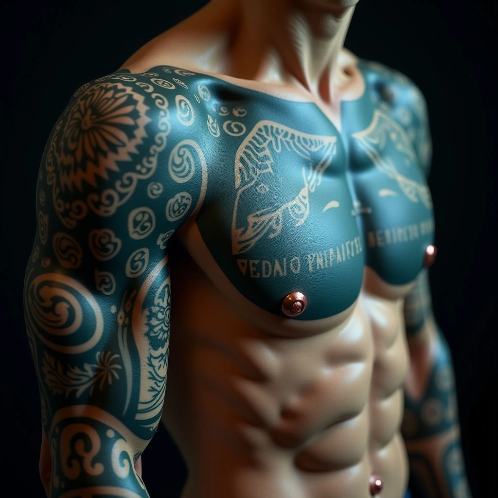 Striking Biomechanical Sleeve Tattoo on Sternum - Blue & Green Design Ideas