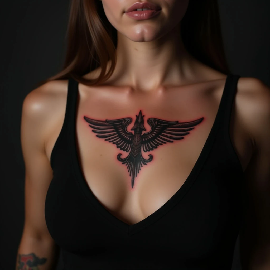 Elegant Calligraphy Chest Tattoos for Girls - Red & Black Ink