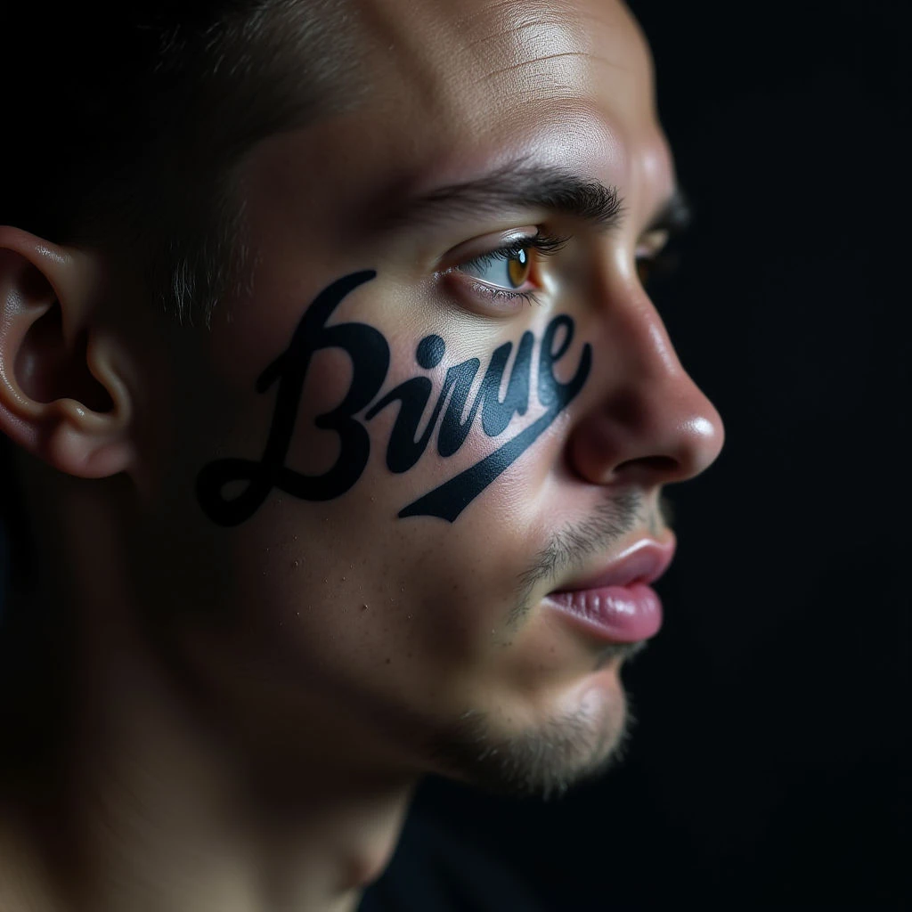 Small Face Lettering Tattoos in Black, Grey & Blue