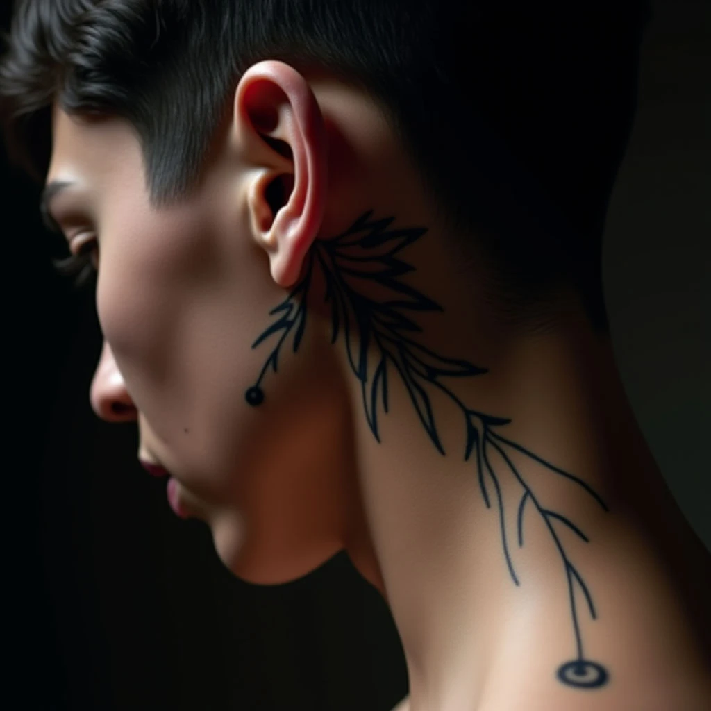 XXL Behind-Ear Fine Line Tattoo Ideas in Black & Grey with Red Accents