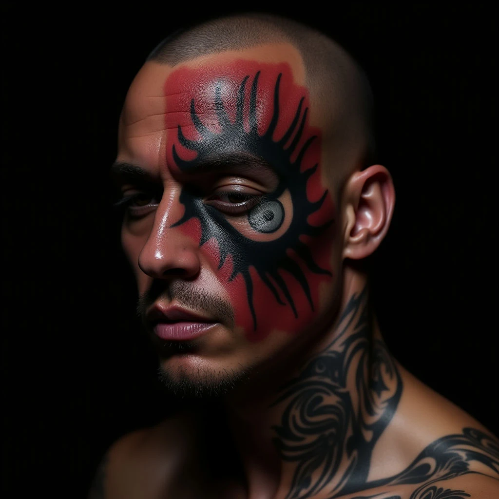 Intense Japanese Evil Eye Face Tattoo in Black and Grey