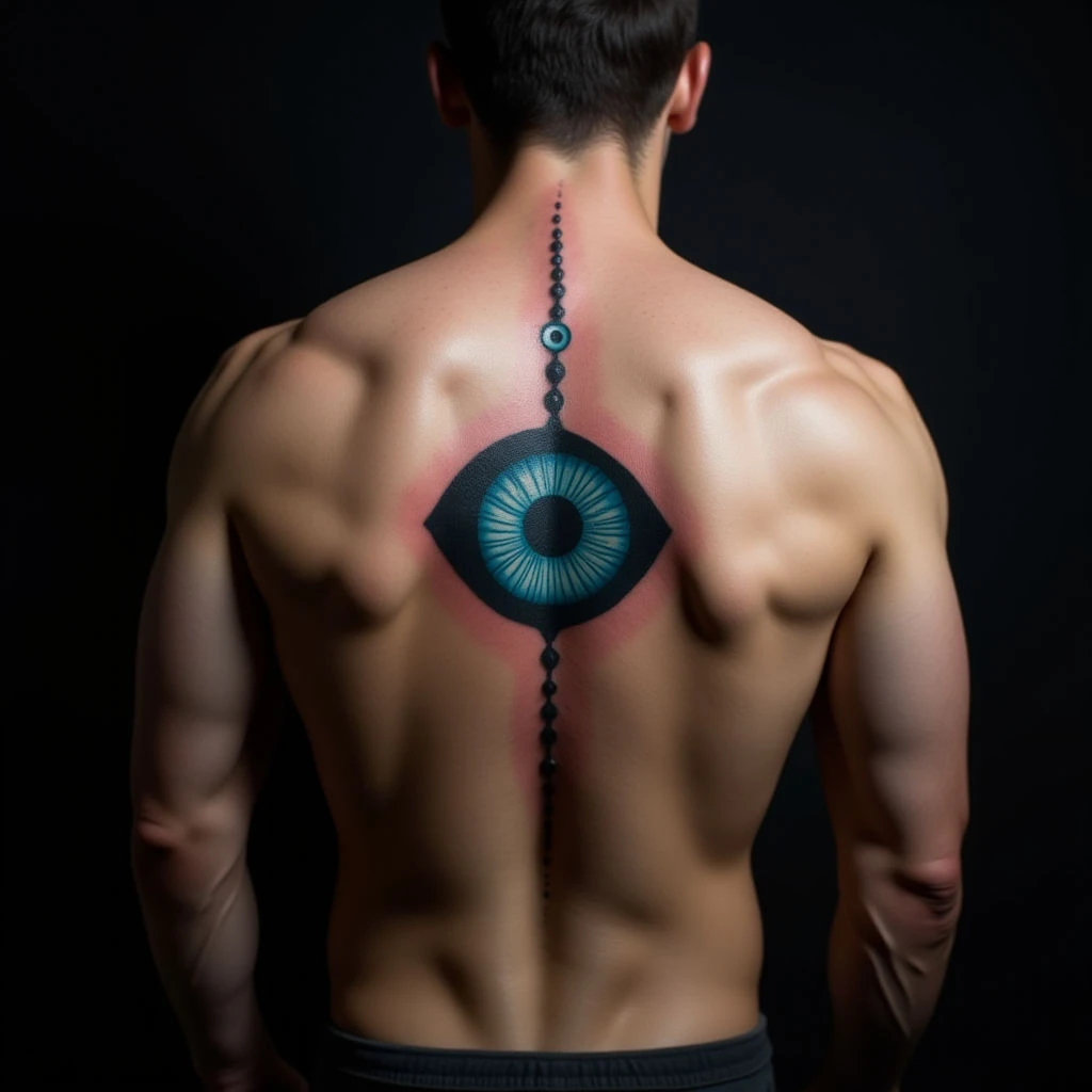 Minimalist Evil Eye Tattoo on Spine: Blue Protection Design