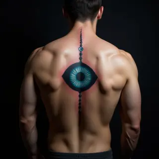 Minimalist Evil Eye Tattoo on Spine: Blue Protection Design
