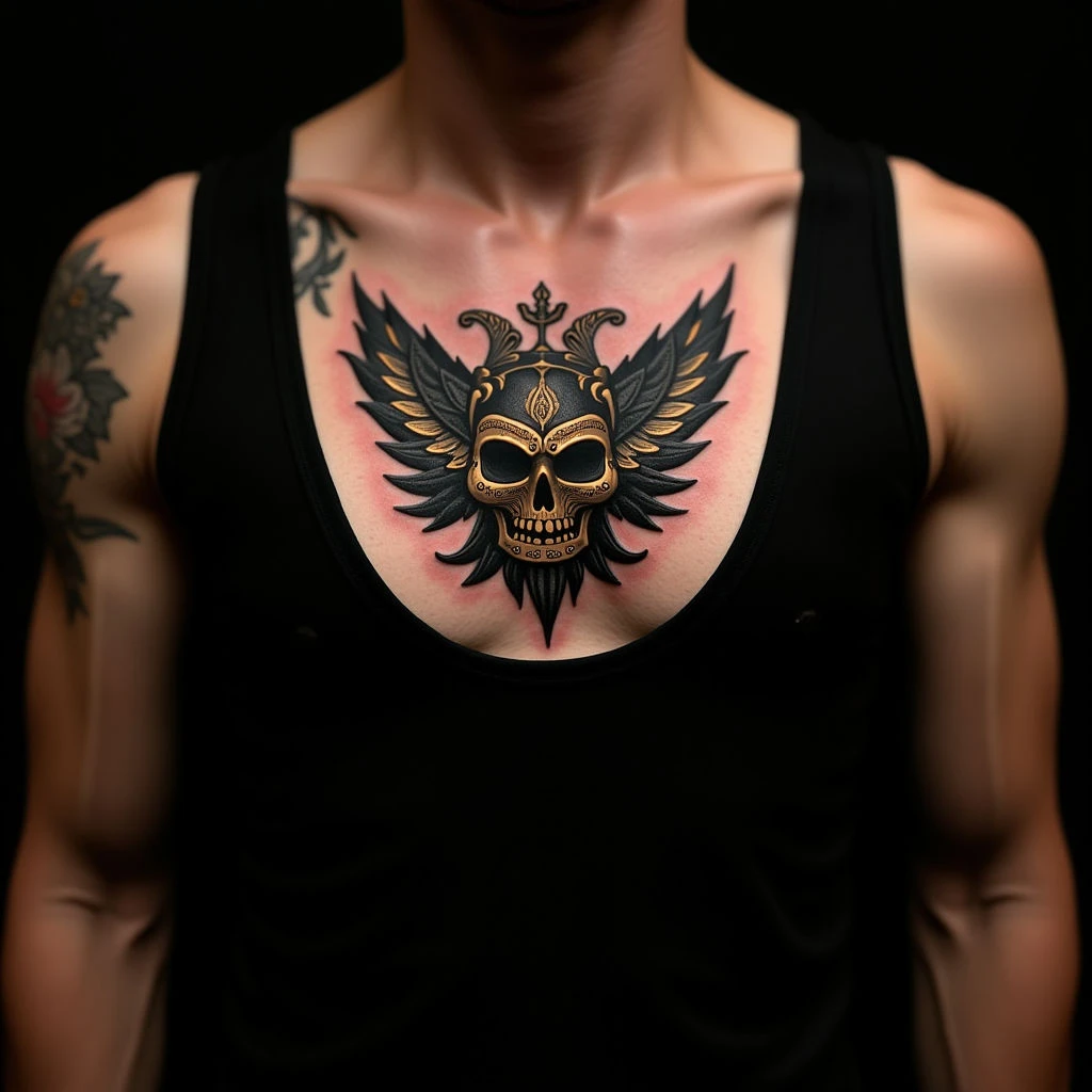 Neo-Traditional Hand Tattoo for Men - Bronze Chest Design