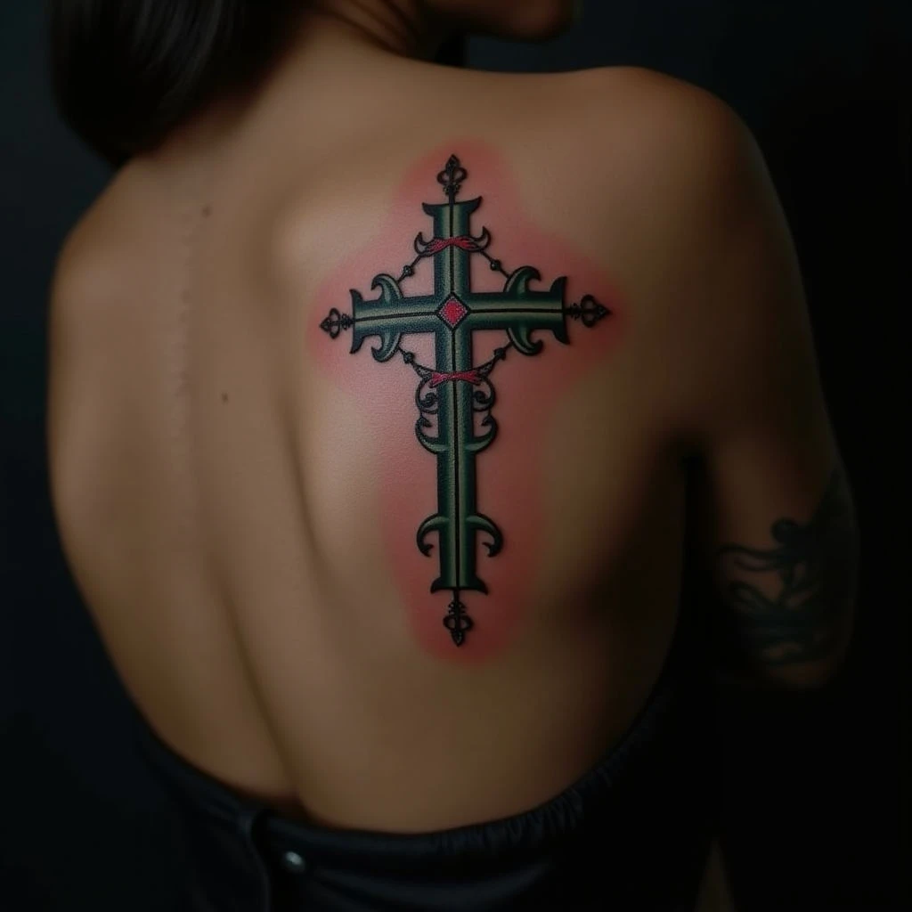 Small Oriental Cross Hand Tattoo Design on Back