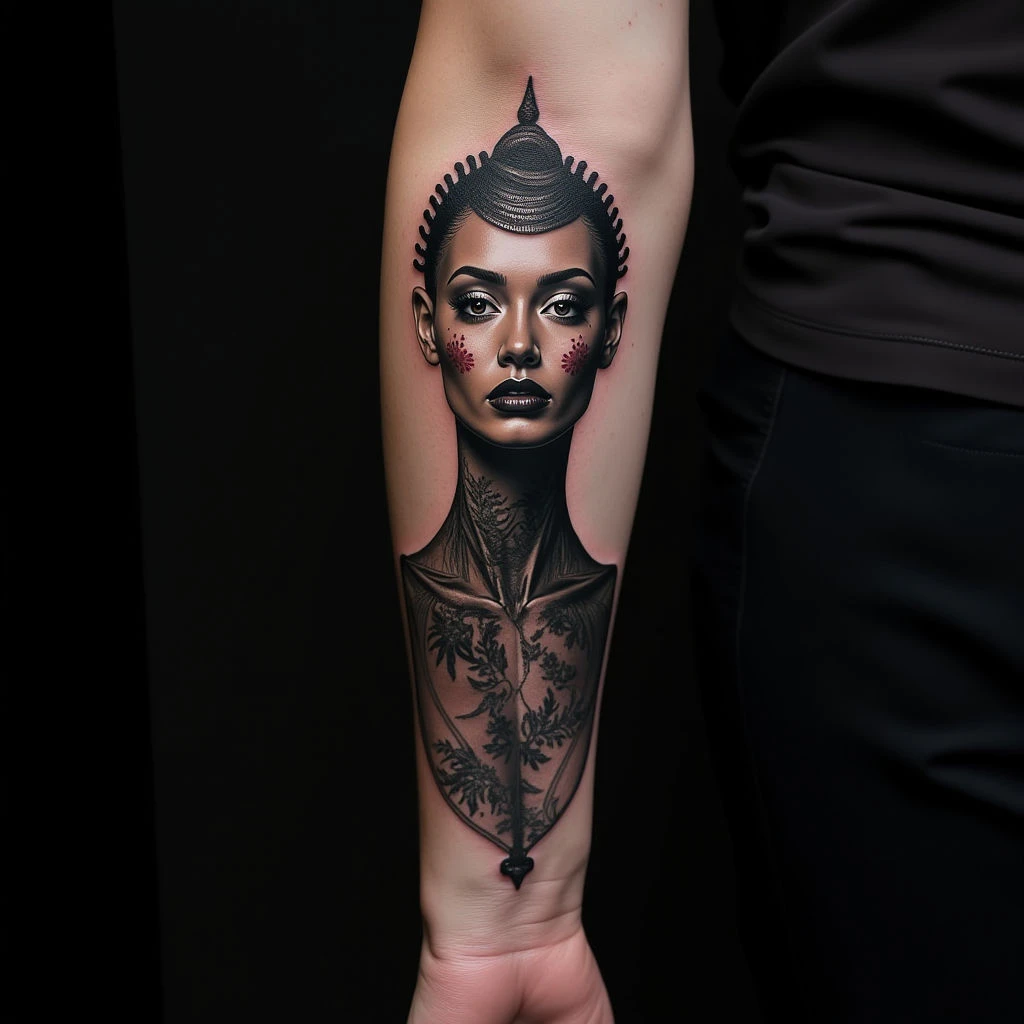 Dramatic Trash Polka Head Tattoo Designs for Women