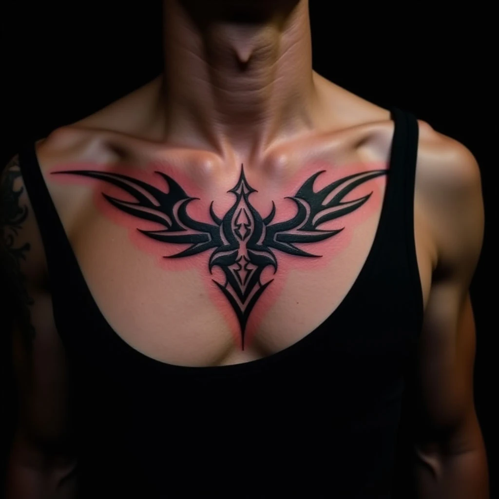 Tiny Red Tribal Chest Tattoo Ideas for Fine Line Lovers
