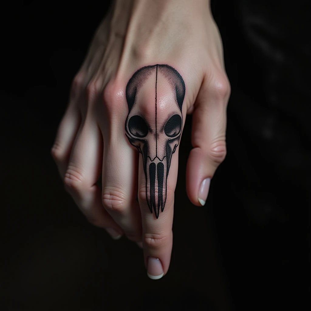 Tiny Animal Skull Finger Tattoos: Fine Line & Metallic Detail
